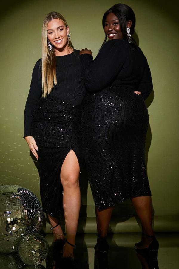 in the style In the Style Sequin Midi Skirt With Split Black