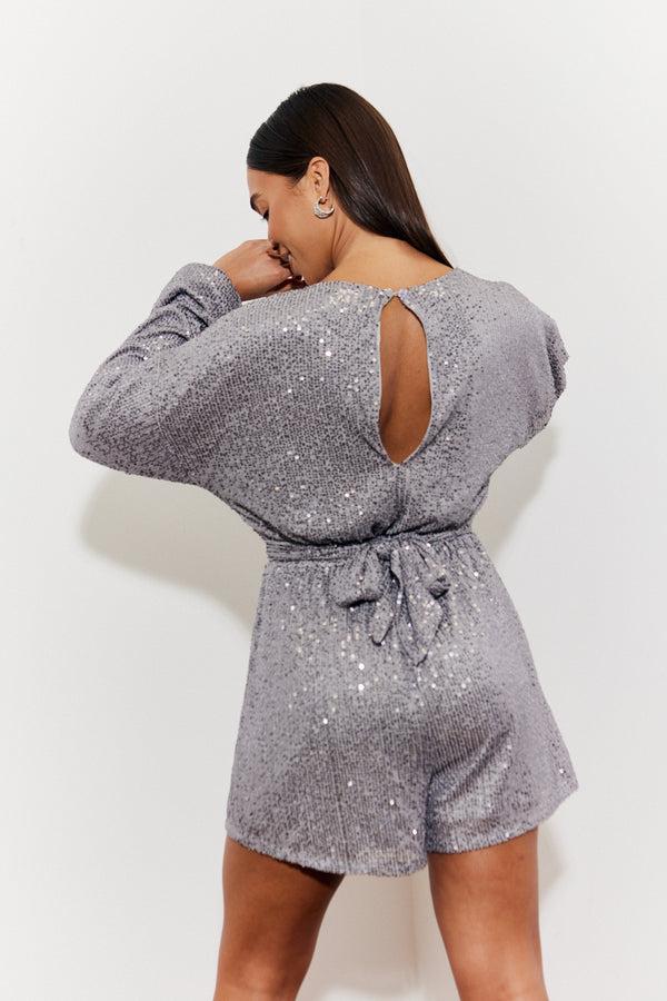 In The Style In The Style Sequin Multi Front Knot Playsuit Silver