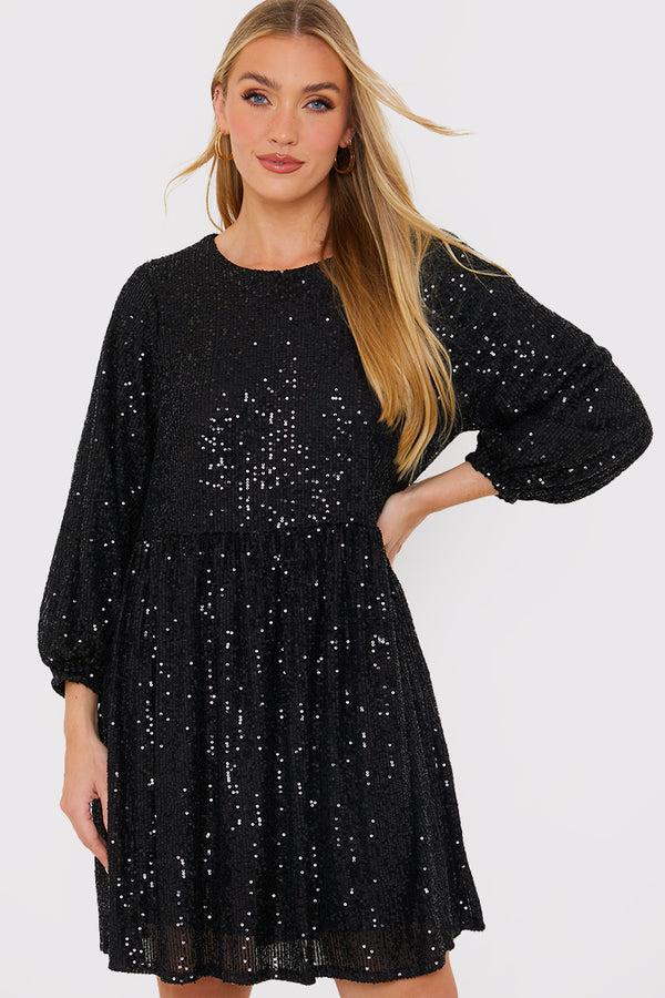 in the style In the Style Sequin Smock Mini Dress Black