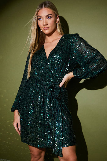 in the style In the Style Sequin Wrap Balloon Sleeve Mini Dress Green