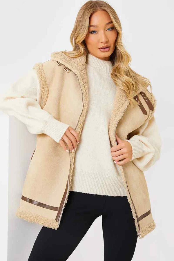 in the style In the Style Shearling Sleeveless Aviator Gilet Camel