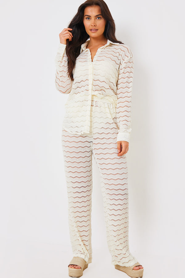in the style In the Style Sheered Chevron Wide Leg Trousers Cream