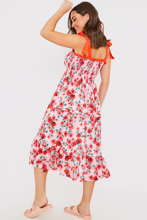 In The Style In The Style Shirred Bust Ruffle Midi Dress Rose Pink
