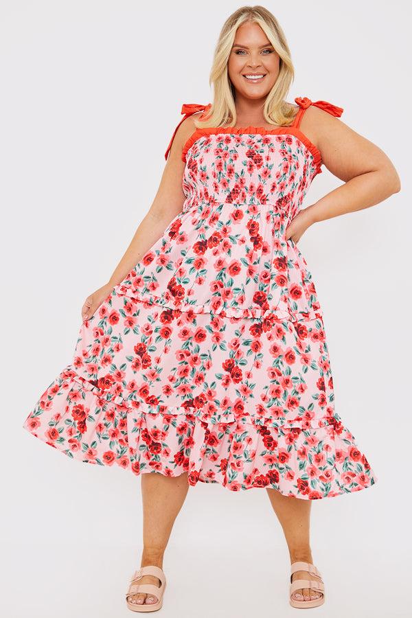 In The Style In The Style Shirred Bust Ruffle Midi Dress Rose Pink