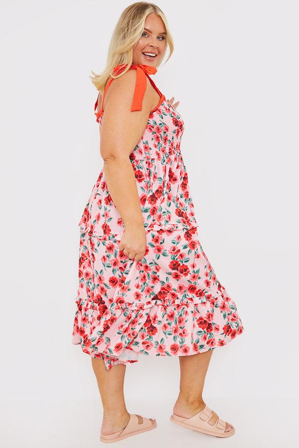 In The Style In The Style Shirred Bust Ruffle Midi Dress Rose Pink