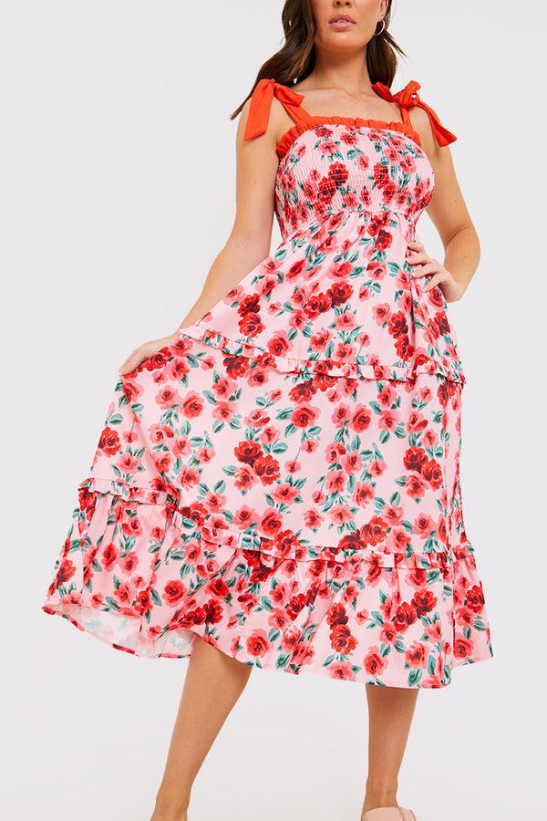 in the style In the Style Shirred Bust Ruffle Midi Dress Rose Pink