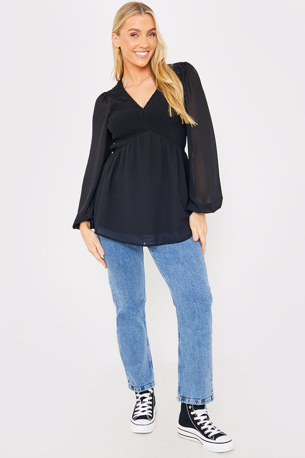 In The Style In The Style Shirred Bust Smock Top Black