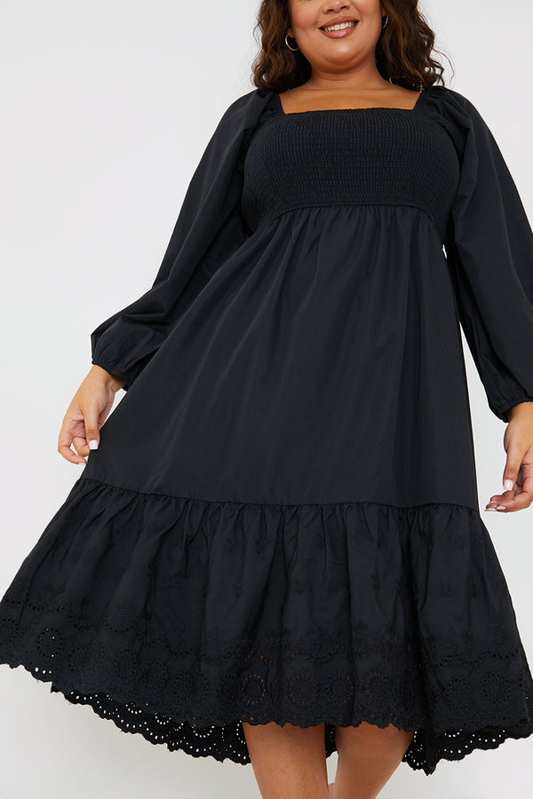 In The Style In The Style Shirred Puff Sleeve Frill Hem Midi Dress Black