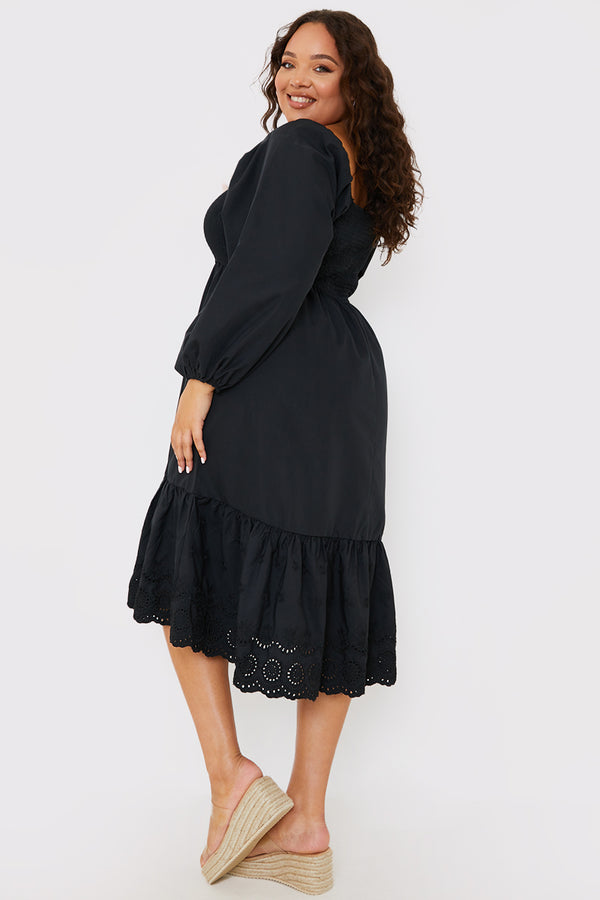 In The Style In The Style Shirred Puff Sleeve Frill Hem Midi Dress Black