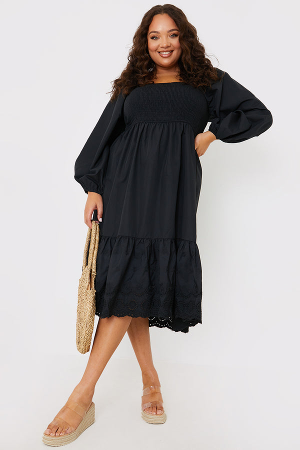 in the style In the Style Shirred Puff Sleeve Frill Hem Midi Dress Black