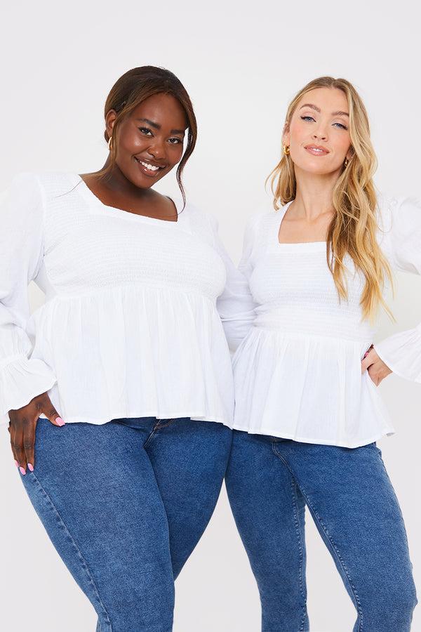 In The Style In The Style Shirred Square Neck Blouse White