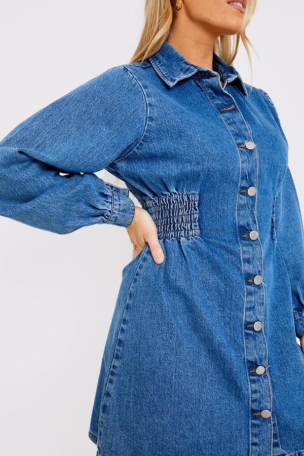 In The Style In The Style Shirred Waist Denim Shirt Dress Blue