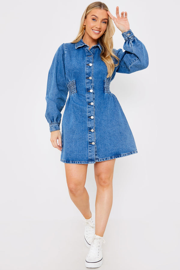 in the style In the Style Shirred Waist Denim Shirt Dress Blue