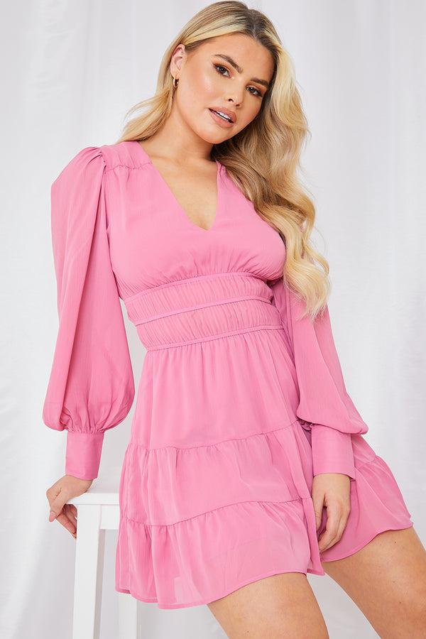 in the style In the Style Shirred Waist Tiered Dress Pink