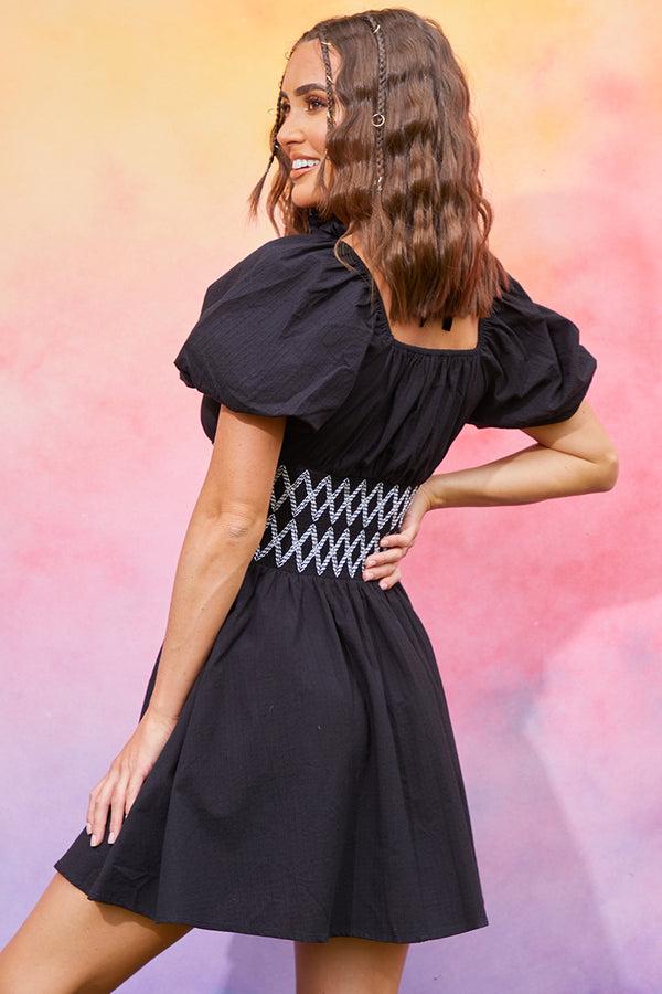 In The Style In The Style Short Sleeve Milkmaid Dress With Embroidery Detail Black