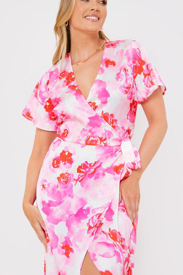 In The Style In The Style Short Sleeve Satin Wrap Belted Midaxi Dress Multi