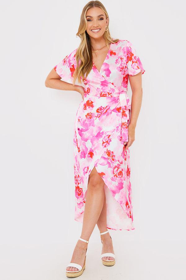 in the style In the Style Short Sleeve Satin Wrap Belted Midaxi Dress Multi