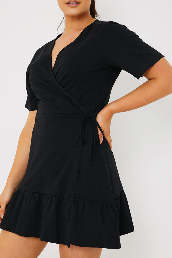 In The Style In The Style Short Sleeve Wrap Swing Dress Black