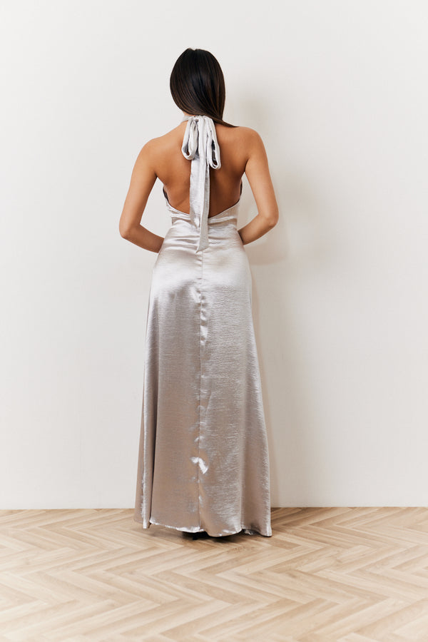 In The Style In The Style Silver Liquid Satin Halterneck Split Detail Maxi Dress Silver