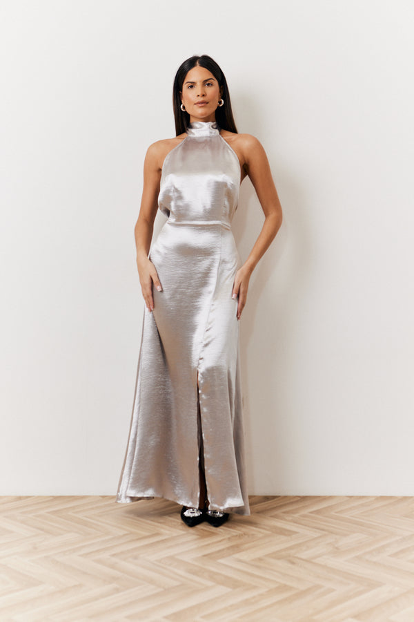 in the style In The Style Silver Liquid Satin Halterneck Split Detail Maxi Dress Silver