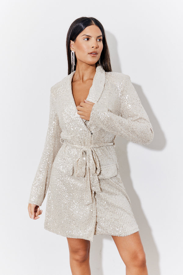 in the style In the Style Silver Sequin Belted Blazer Dress Silver