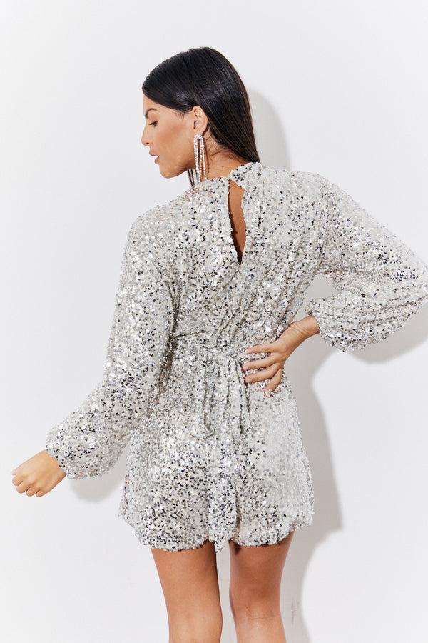 In The Style In The Style Silver Sequin Multiway Tie Playsuit Silver