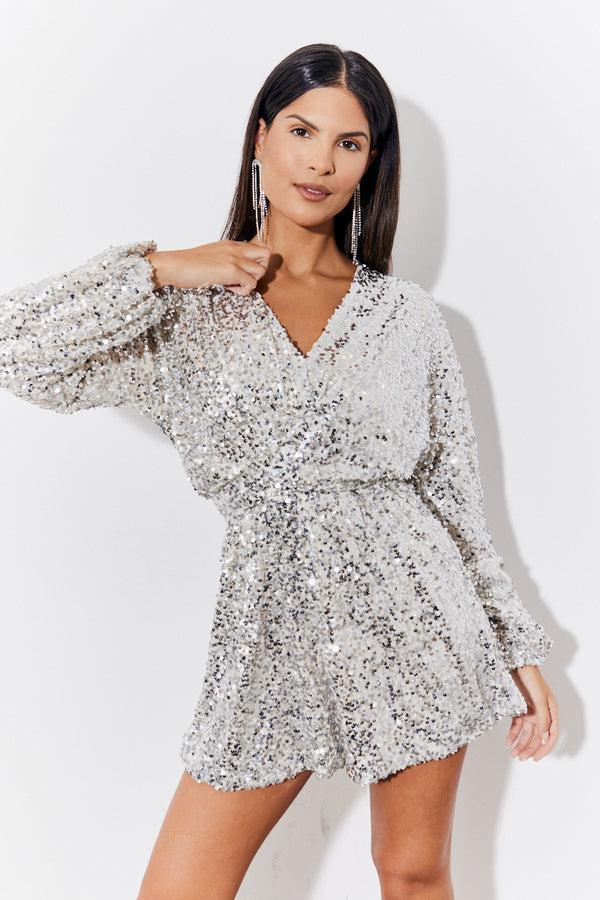 in the style In the Style Silver Sequin Multiway Tie Playsuit Silver