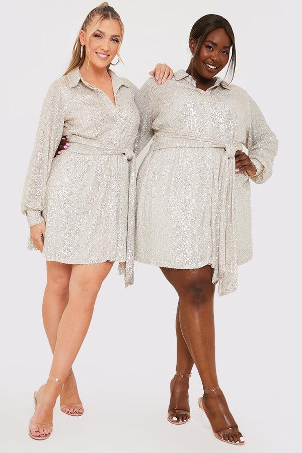 In The Style In The Style Silver Sequin Tie Drape Dress Silver