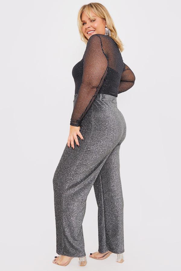 In The Style In The Style Silver Sparkle Jersey Wide Leg Trousers Silver