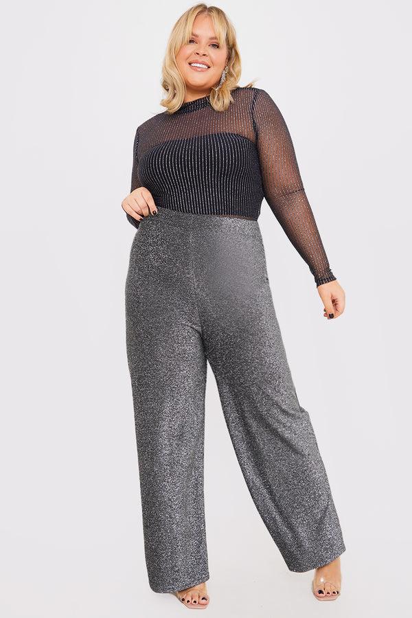 in the style In the Style Silver Sparkle Jersey Wide Leg Trousers Silver
