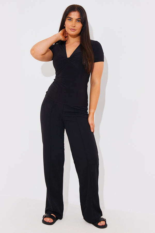 In The Style In The Style Slinky Twist Front Short Sleeve Top Black