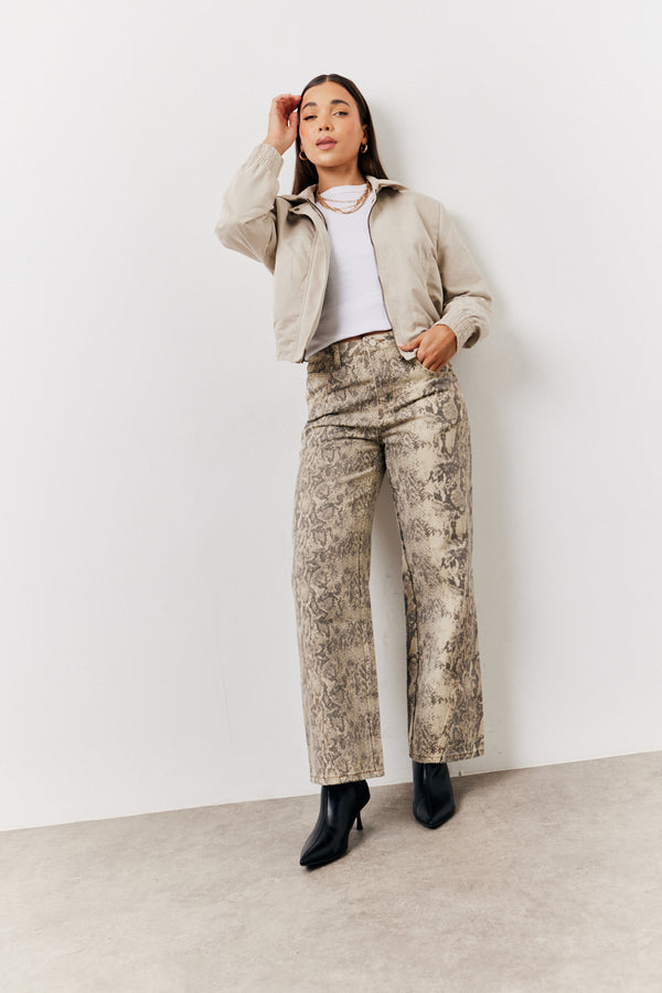 in the style In The Style Snake Print Straight Leg Jeans Brown