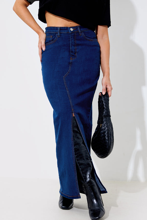 In The Style In The Style Split Detail Denim Maxi Skirt Blue