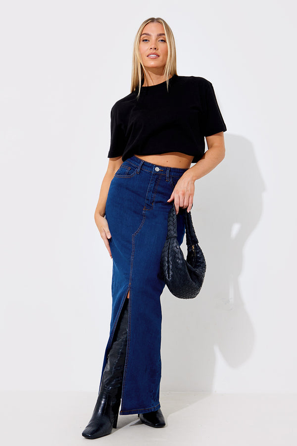in the style In The Style Split Detail Denim Maxi Skirt Blue
