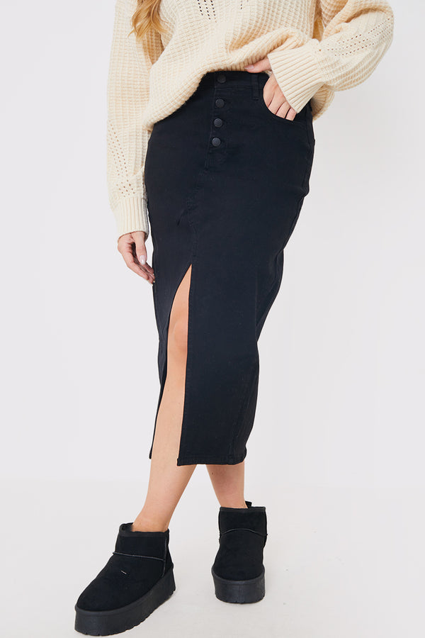 In The Style In The Style Split Hem Denim Midi Skirt Black