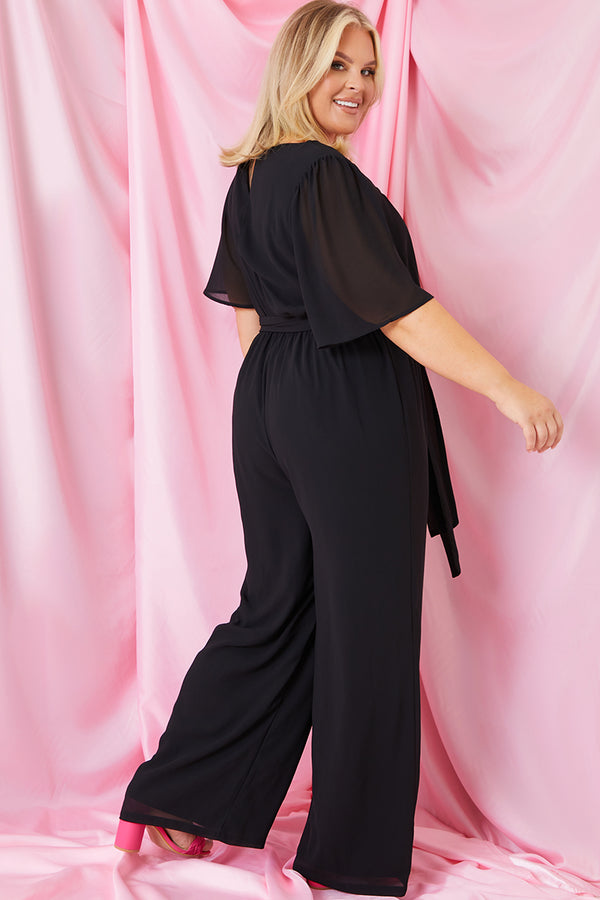 In The Style In The Style Square Neck Lace Trim Wide Leg Jumpsuit Black