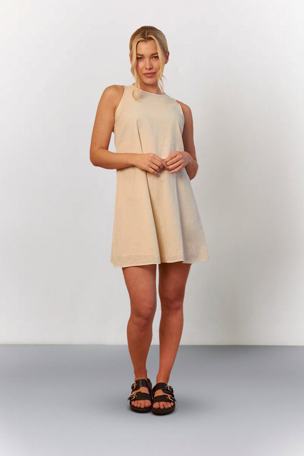 in the style In The Style Stone Linen High Neck Sleeveless Smock Mini Dress Stone