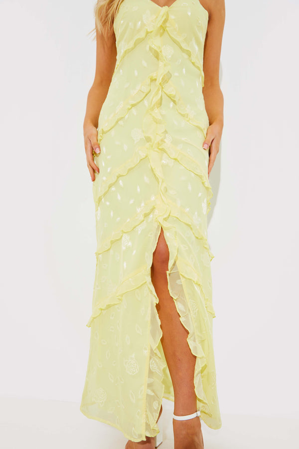 In The Style In The Style Strappy Floral Jacquard Ruffle Maxi Dress Lemon