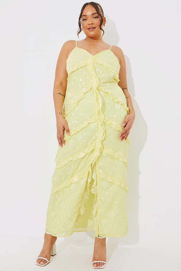 In The Style In The Style Strappy Floral Jacquard Ruffle Maxi Dress Lemon