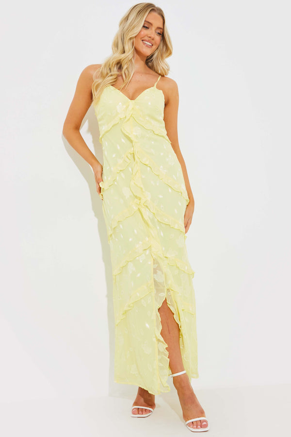 in the style In the Style Strappy Floral Jacquard Ruffle Maxi Dress Lemon