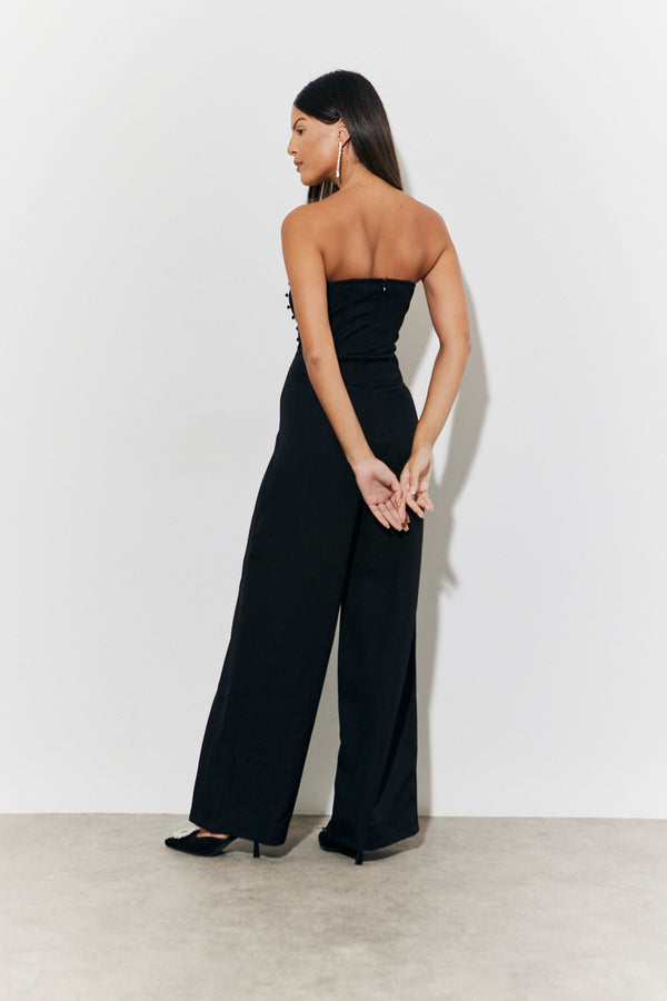 In The Style In The Style Strappy Wide Leg Button Detail Jumpsuit Black