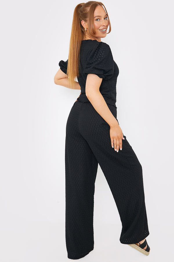 In The Style In The Style Stretch Broderie Wide Leg Trousers Black
