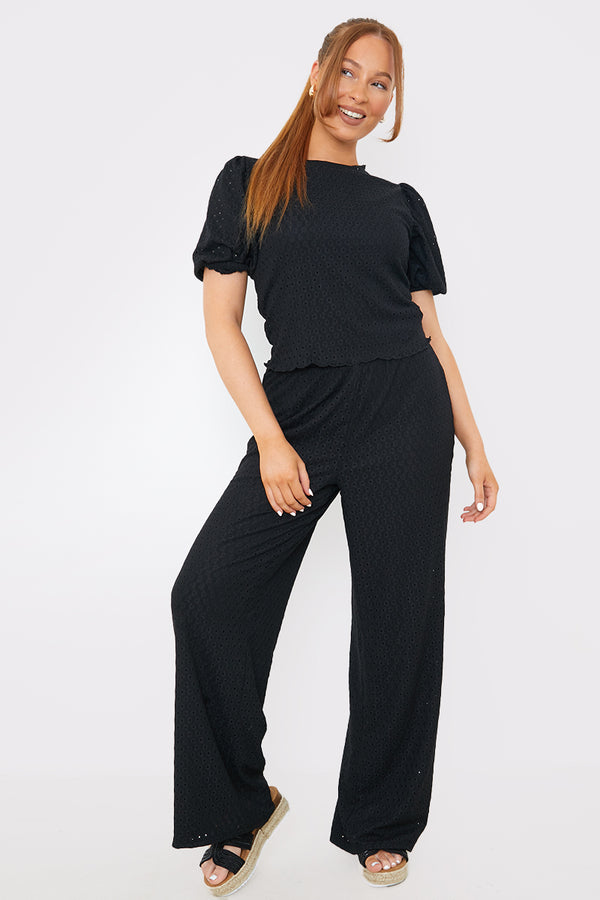 in the style In The Style Stretch Broderie Wide Leg Trousers Black