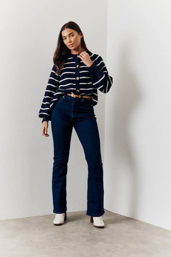 In The Style In The Style Stripe Button Up Knitted Cardigan Navy