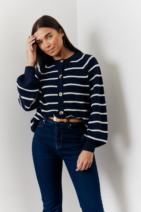 in the style In The Style Stripe Button up Knitted Cardigan Navy