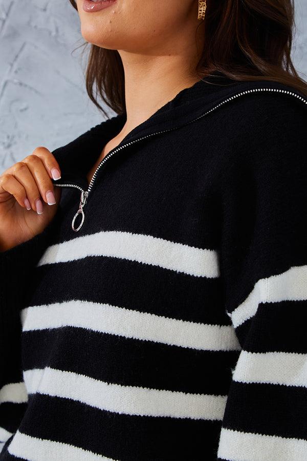 In The Style In The Style Stripe Knit Half Zip Jumper Black