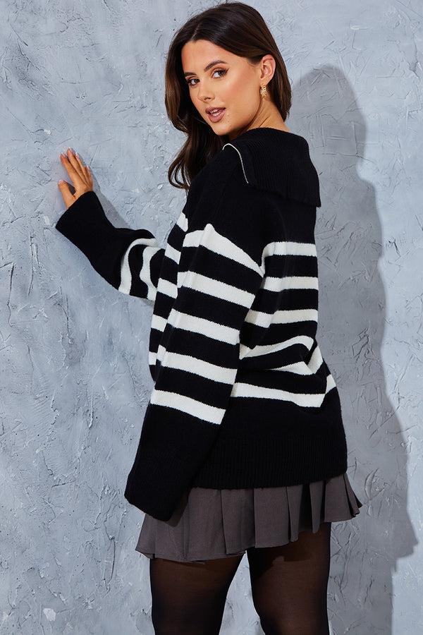 In The Style In The Style Stripe Knit Half Zip Jumper Black