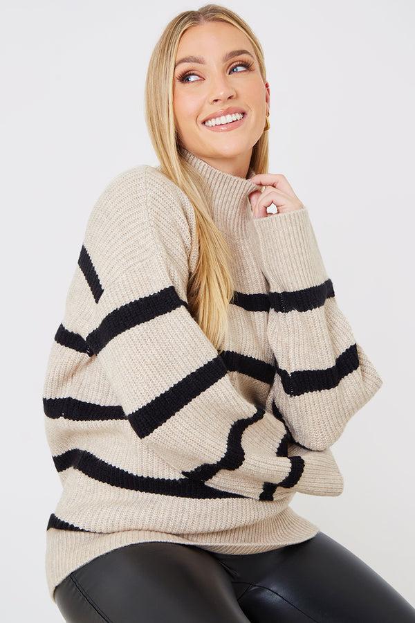In The Style In The Style Stripe Knitted High Neck Jumper Oatmeal
