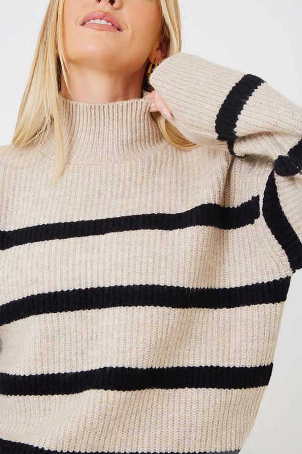 In The Style In The Style Stripe Knitted High Neck Jumper Oatmeal