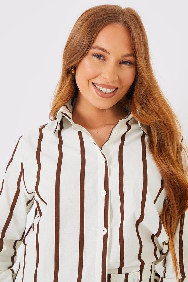 In The Style In The Style Stripe Linen Look Co-Ord Shirt Brown